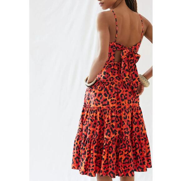 New Anthropologie by Geisha Leopard Tiered Midi Dress $198 MEDIUM Orange Motif - Picture 3 of 5